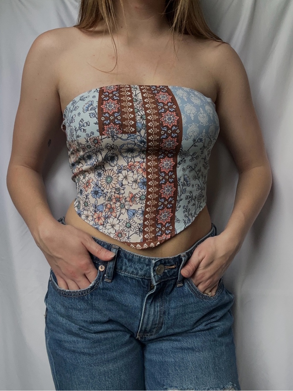 Altar’d State Brown and Blue Floral Strapless Bandana Top